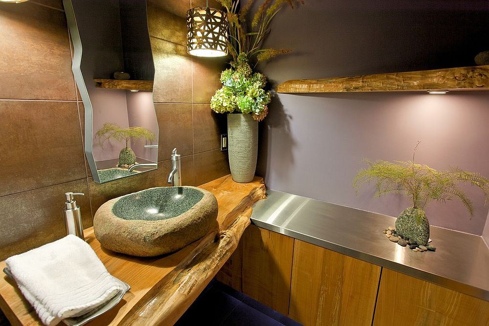 Natural Slab of Wood for Both Bathroom Shelves and Vanity