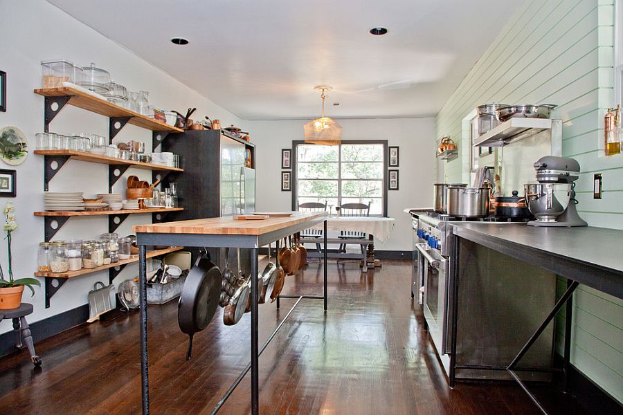 Open Shelves and Shabby Chic Kitchen Island Provide Storage Space Elegnat Kitchen